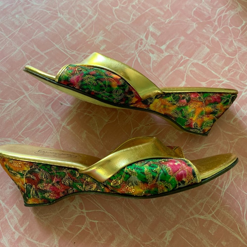 Vintage Gold Brocade Wedge Sandals Slides